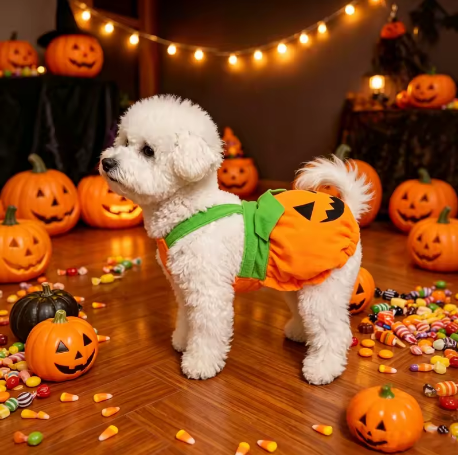 Perro con el disfraz de calabaza de Halloween